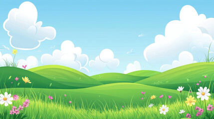 calming landscape of rolling hills with soft grass and flowers
