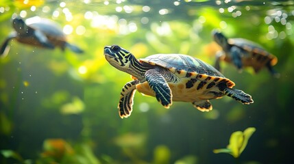 Obraz premium A serene underwater scene featuring turtles swimming amidst lush aquatic vegetation.