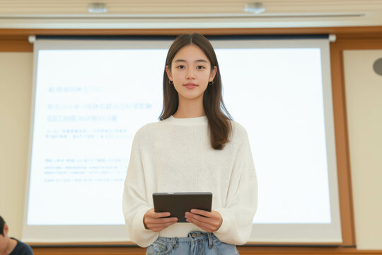 Asian young woman presenting with tablet in classroom setting