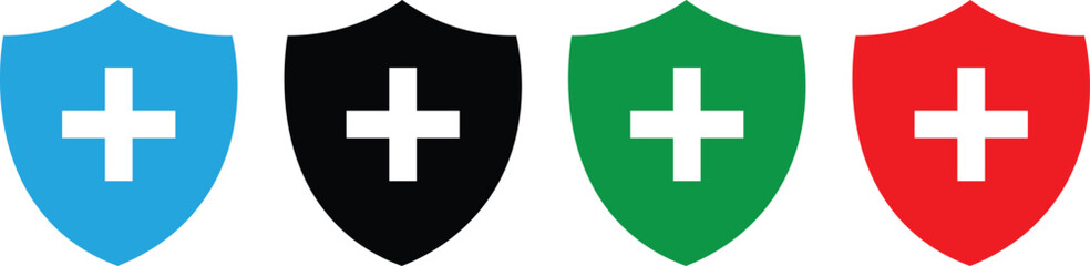 Shield with cross icon set. safety health shield vector illustration.