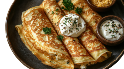 pancakes with jam and chocolate isolated on white background
