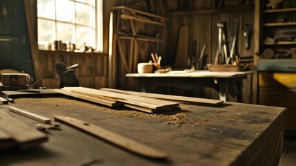Wooden planks rest on a weathered workbench in a rustic workshop