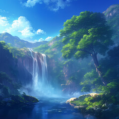 山の中の神秘的な滝　Generated image