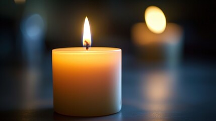 A warm, glowing candle illuminates a serene setting, creating a tranquil atmosphere with its flickering flame and soft light.