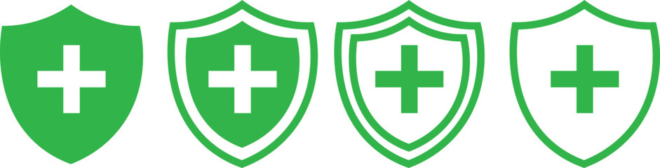 Shield with cross icon set. safety health shield vector illustration.