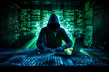 HJ Cybersecurity - Unseen Threat: Hooded Hacker Aggressively Typing Code in a Dark Room to Break the Server's Firewall