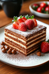 Decadent chocolate tiramisu with strawberries and cocoa dusting on plate