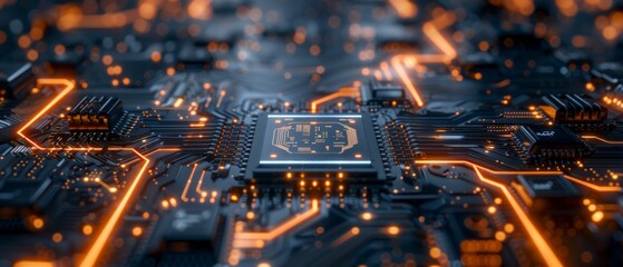 Obraz premium Detailed image of a chip with highlighting orange lines and dots. would be appropriate in articles about technology, electronics and innovation, as well as for presentation design and cover artwork