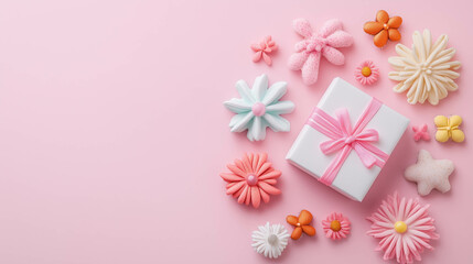 Fototapeta premium Pink gift box with pastel flowers on pink background
