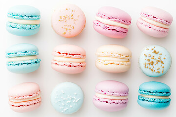 Obraz premium Colorful pastel macarons with sprinkles in rows on a white background