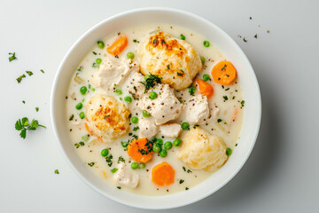 Creamy chicken stew with dumplings, peas, and carrots in white bowl