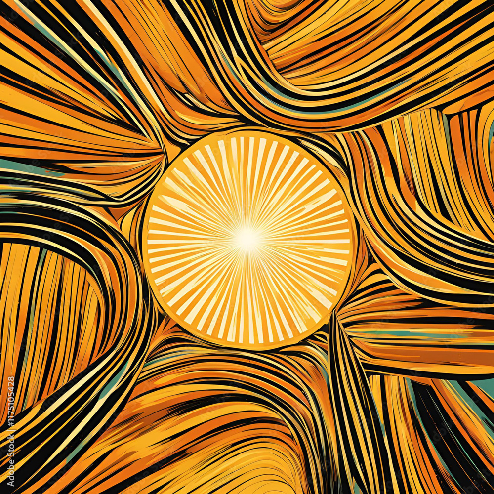Poster an abstract design featuring vibrant yellow and black swirling lines converging around a bright cent