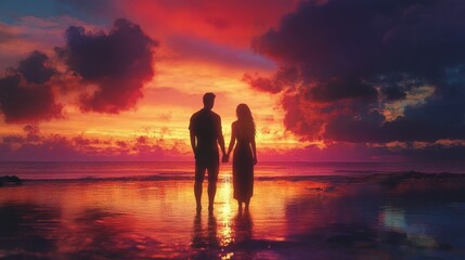 Fototapeta premium Silhouette of couple holding hands at sunset on beach, vibrant colors. Perfect for romance, love, and travel themes; evokes feelings of peace and togetherness.