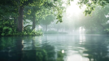 Obraz premium Serene morning mist over tranquil forest water