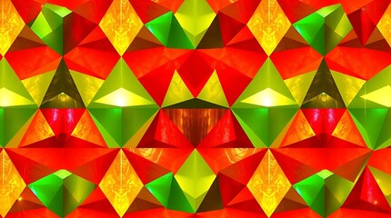 Abstract Geometric Pattern: A vibrant and captivating abstract pattern featuring a kaleidoscope of geometric shapes in bold red, green, and yellow hues.
