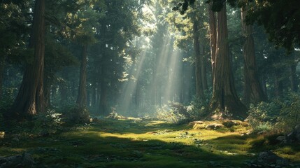 Obraz premium A peaceful forest with tall trees and sunlight streaming through the canopy onto the mossy ground.
