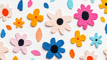 Colorful paper cutout flowers on textured white background