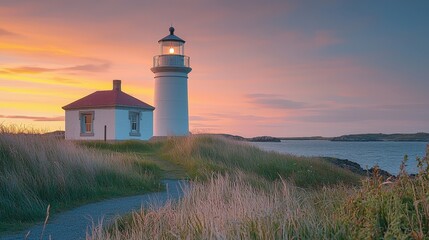A picturesque lighthouse stands beside a tranquil sea at sunset, surrounded by grassy fields and a winding path, creating a serene coastal scene.