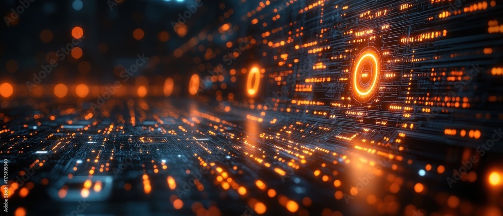 Poster a digital landscape featuring glowing lines and nodes, representing data flow and technology.