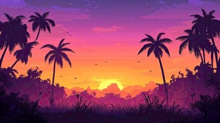 Obraz premium Tropical Sunset Silhouette Palm Trees Landscape