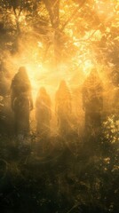 Naklejka premium A mysterious forest with silhouettes of people against a background of bright light creates an atmosphere of mystery and magic. Suitable for illustrations in fantasy books, album covers