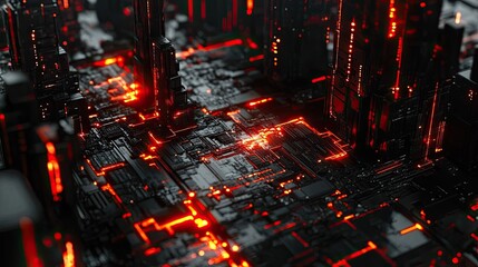 Futuristic Cityscape Illuminated By Glowing Red Circuits