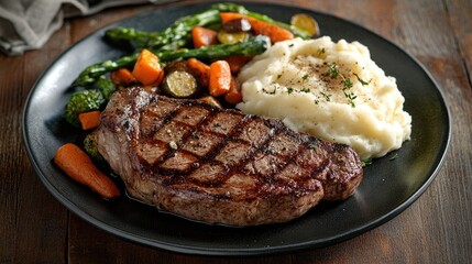 A perfectly cooked steak, medium-rare, served with roasted vegetables and creamy mashed potatoes.