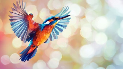 Obraz premium A vibrant, artistic depiction of a kingfisher in flight, showcasing its colorful plumage against a soft, bokeh background.