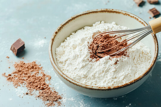 Baking essentials: mixing flour and cocoa powder with whisk