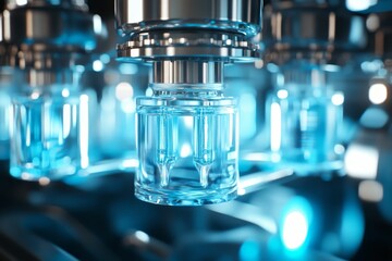 Automated liquid filling, glass containers, blue fluid.