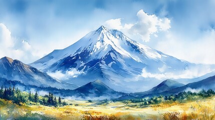 Watercolor Mountain Majesty, A Serene Landscape Painting of a Snow-Capped Peak and Golden Meadows under a Blue Sky with Wispy Clouds