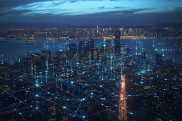Fototapeta premium Night cityscape, illuminated buildings, interconnected network.