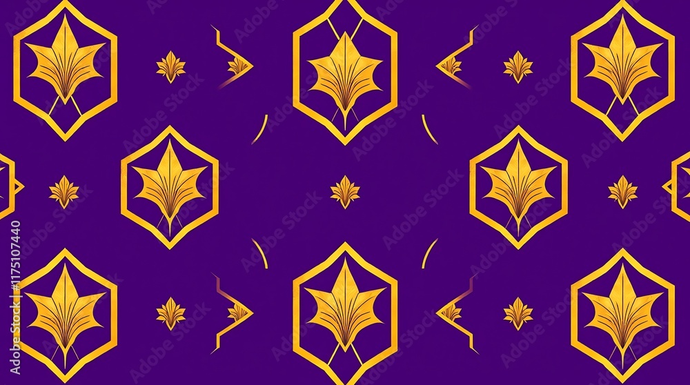 Poster Golden Leaf Pattern: A regal and luxurious purple background adorned with a repeating pattern of golden leaves, creating an elegant and sophisticated design.
