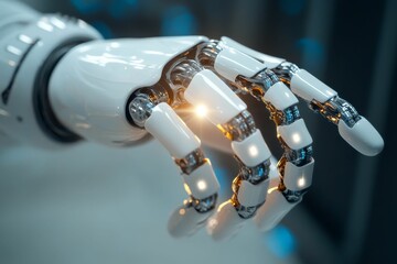 White robotic hand, intricate mechanism, glowing joints.