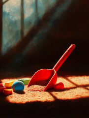 Rote Schaufel im Sand mit Spielzeug im Hintergrund

