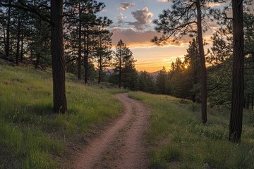 Fototapeta premium Scenic sunset trail winding dirt path through lush forest with tall trees and green grass
