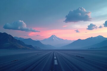 Serene Sunset Vista A Lonely Road Beckons Towards Majestic Snow-Capped Mountains Under a Pastel Sky