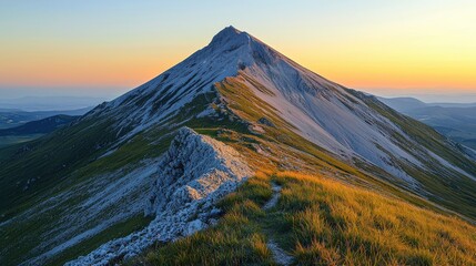 Fototapeta premium A stunning mountain peak at sunset, with lush greenery and rocky slopes, showcasing the beauty of nature and dramatic landscapes.