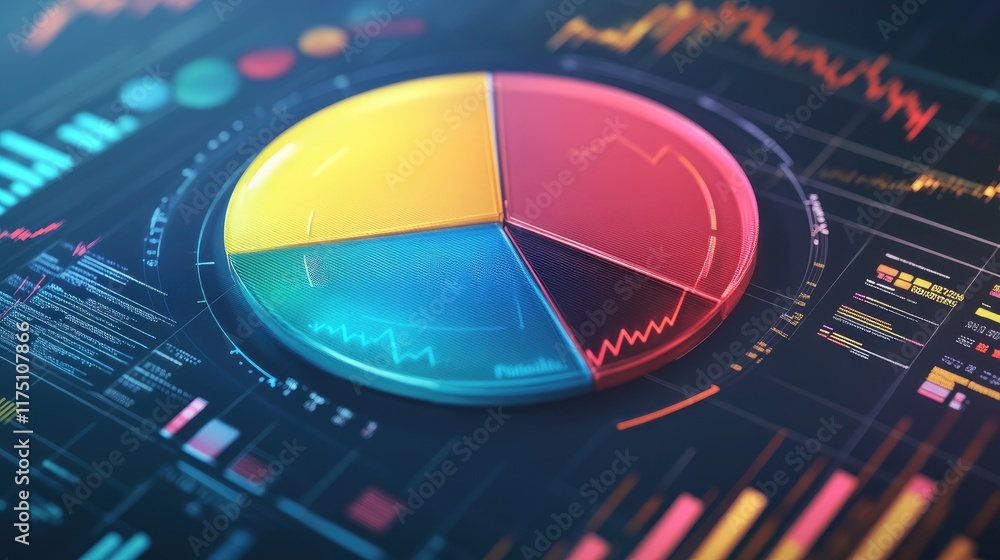 Poster a pie chart graphic with different color segments representing various business sectors on a compute