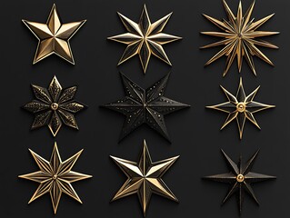 Obraz premium Abstract Star Icon Set Featuring Black and Gold Designs with Modern, Elegant, and Luxurious Styles for Branding, Decorations, and Digital Projects
