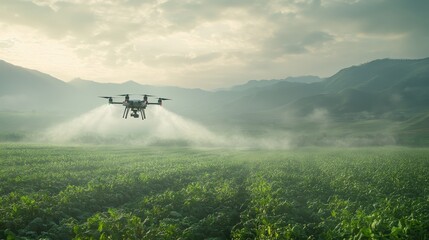 Fototapeta premium A drone is spraying a field with a chemical