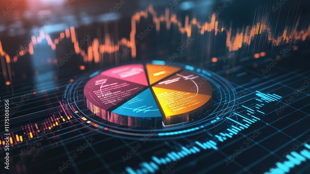 Poster a pie chart graphic with different color segments representing various business sectors on a compute