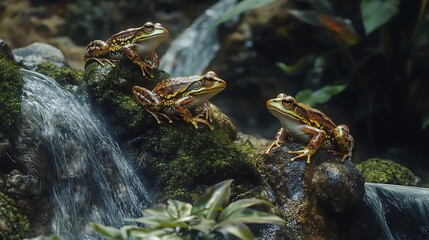 Three Frogs by a Waterfall: A Serene Jungle Scene