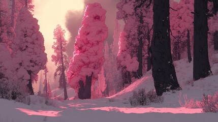 Pink-hued sunrise illuminating a snow-covered forest path between tall trees