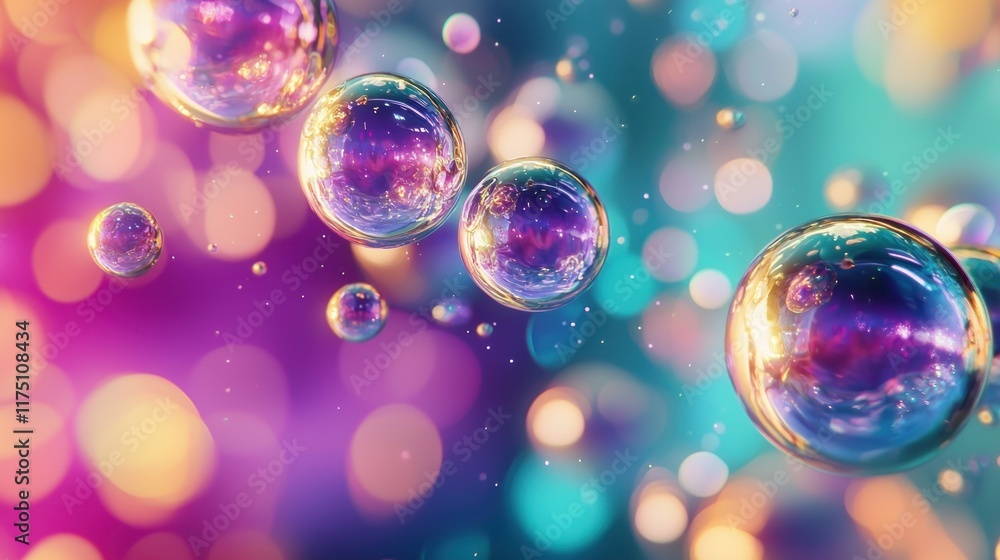 Poster colorful iridescent bubbles float in a vibrant background