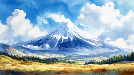 Fototapeta premium Watercolor Mountain Majesty A Serene Vista of Snow-Capped Peaks Golden Fields and Azure Skies