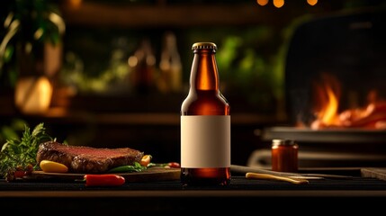 Beer bottle mockup with barbecue background. Generative AI