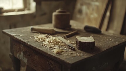 Woodworking tools and wood shavings on a rustic table
