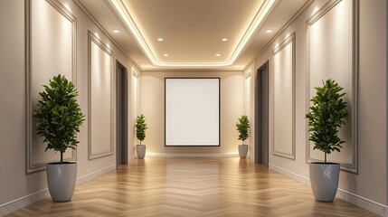 Obraz premium Elegant hallway with hardwood floors and potted plants