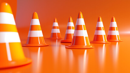 Safety cones and barriers arranged in a construction zone, isolated on orange background. Safety mockup